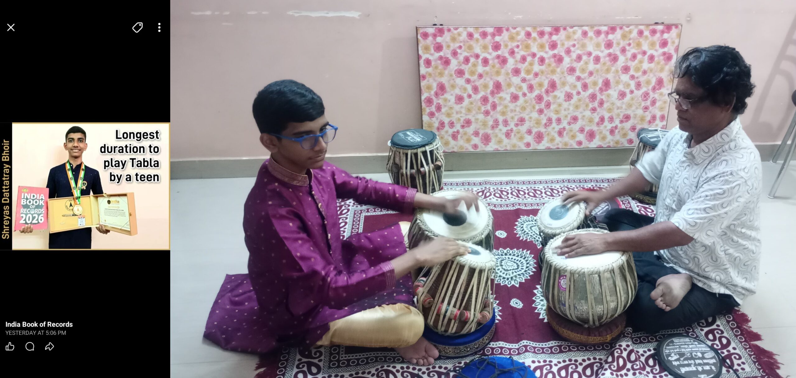 बदलापूरच्या श्रेयस भोईरचे सलग सहा तास तबलावादन