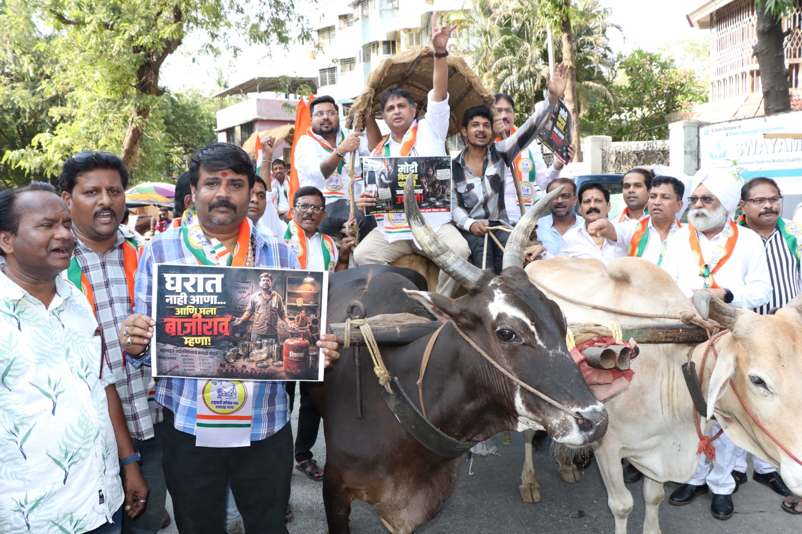 शरद पवार गटाने चालविल्या रस्त्यावर बैलगाड्या आणि टांगे